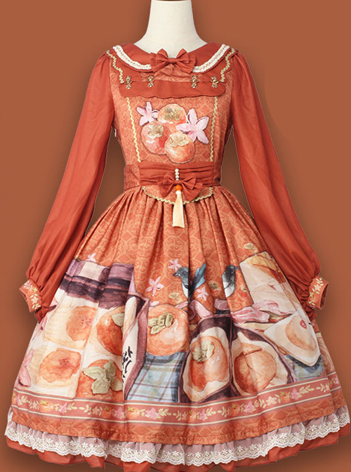 Persimmon Printing OP Chinese Style Sweet Lolita Long Sleeve Dress