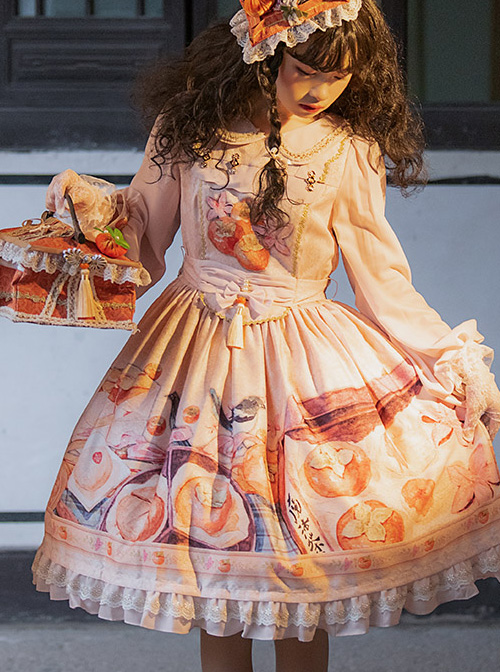 Persimmon Printing OP Chinese Style Sweet Lolita Long Sleeve Dress