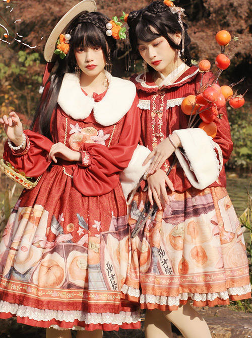 Persimmon Printing OP Chinese Style Sweet Lolita Long Sleeve Dress