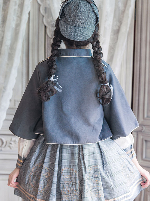 Little Bear Embroidery School Lolita Long Sleeve Plaid Dress And Woolen Cloak And Hat Set