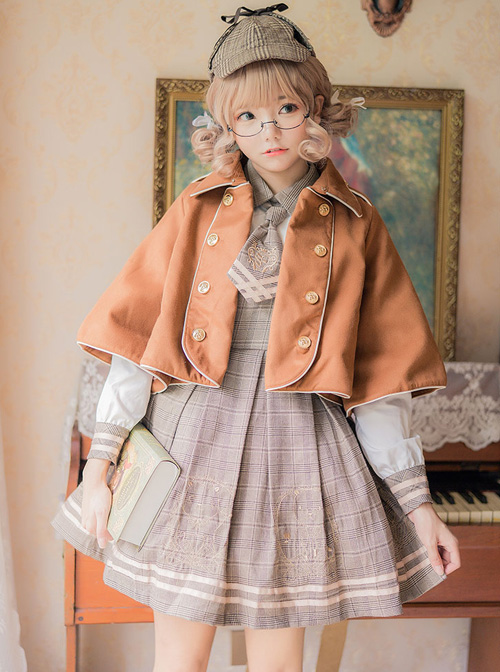 Little Bear Embroidery School Lolita Long Sleeve Plaid Dress And Woolen Cloak And Hat Set