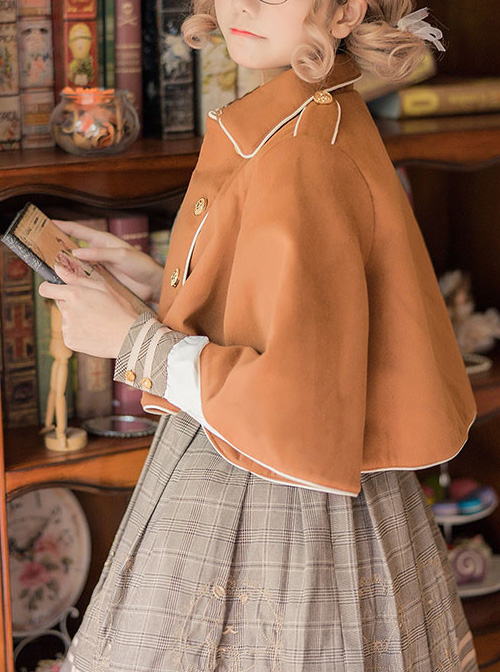 Little Bear Embroidery School Lolita Long Sleeve Plaid Dress And Woolen Cloak And Hat Set