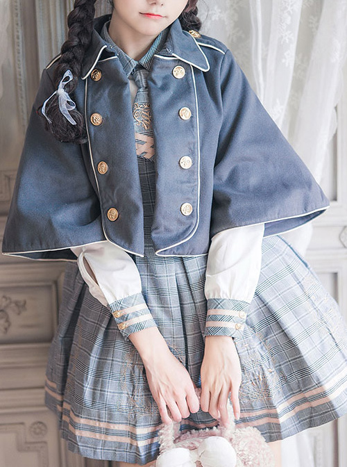 Little Bear Embroidery School Lolita Long Sleeve Plaid Dress And Woolen Cloak And Hat Set