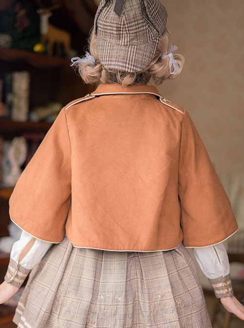Little Bear Embroidery School Lolita Long Sleeve Plaid Dress And Woolen Cloak And Hat Set
