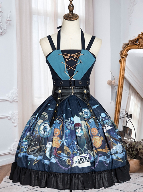 Abyss Series JSK Lace Up Decorate Retro Printing Classic Lolita Autumn Winter Sling Dress