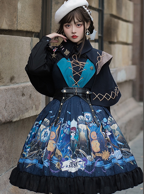 Abyss Series JSK Lace Up Decorate Retro Printing Classic Lolita Autumn Winter Sling Dress