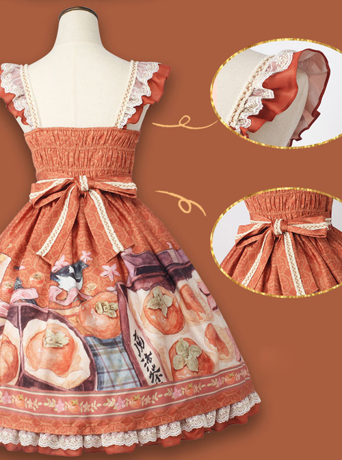Persimmon Printing JSK Chinese Style Sweet Lolita Short Style Sling Dress