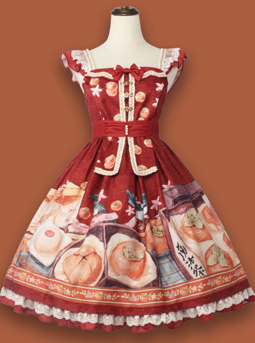 Persimmon Printing JSK Chinese Style Sweet Lolita Short Style Sling Dress