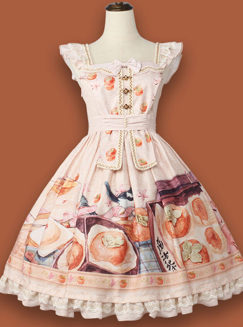 Persimmon Printing JSK Chinese Style Sweet Lolita Short Style Sling Dress