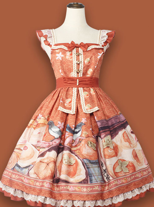 Persimmon Printing JSK Chinese Style Sweet Lolita Short Style Sling Dress