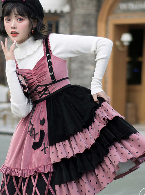 Exploding Raspberry Series JSK Autumn Winter Retro Color Matching Sweet Lolita Sling Dress And Top Set