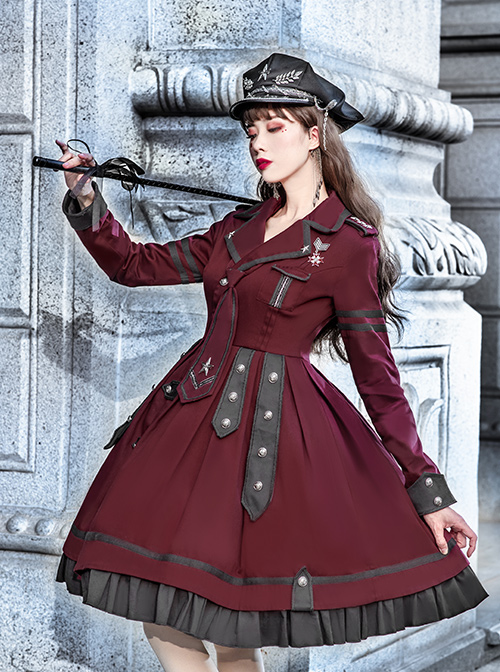 The Battle Of The Jedi Series OP Pure Color Military Style Lolita Red Black Autumn Winter Long Sleeve Dress