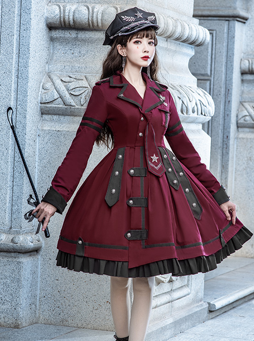 The Battle Of The Jedi Series OP Pure Color Military Style Lolita Red Black Autumn Winter Long Sleeve Dress