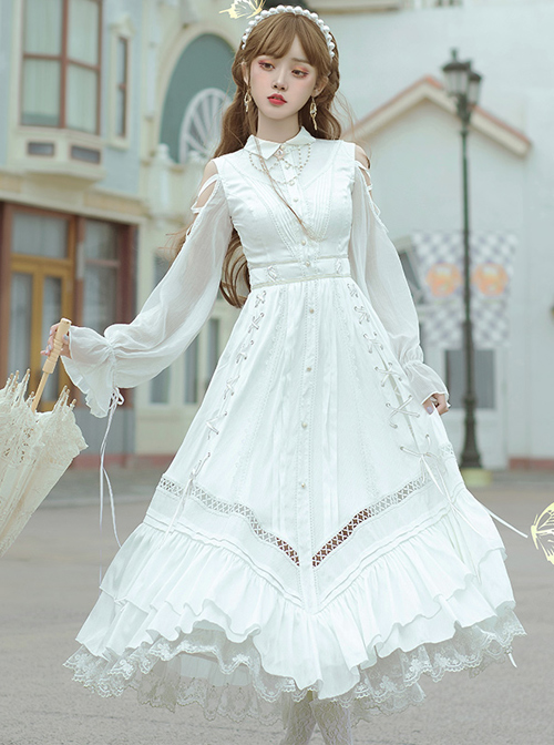 Dawn Sacrifice Series OP Pure White Elegant Long Style Classic Lolita Long Sleeve Dress