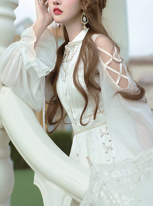 Dawn Sacrifice Series OP Pure White Elegant Long Style Classic Lolita Long Sleeve Dress