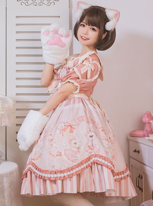 Crown Kitten Series Doll Collar Pink Sweet Lolita Puff Short Sleeve Dress