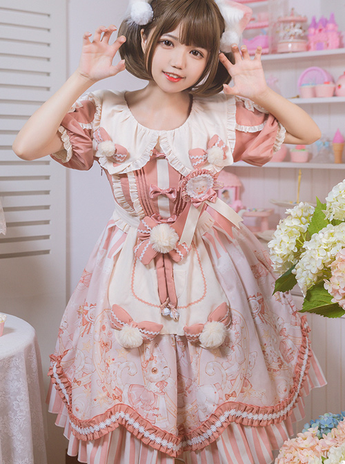 Crown Kitten Series Doll Collar Pink Sweet Lolita Puff Short Sleeve Dress