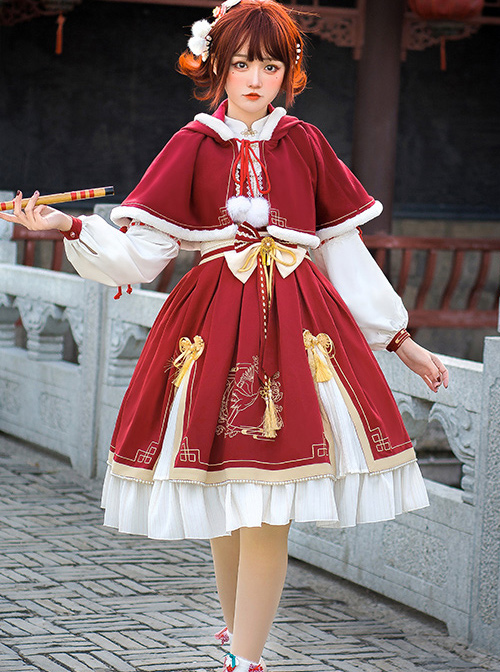 Golden Crane Returns Series OP Chinese Style Classic Lolita Long Sleeve Dress And Cape