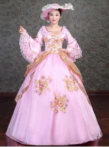 Golden Embroidery Pink Retro Palace Style Lolita Prom Dress