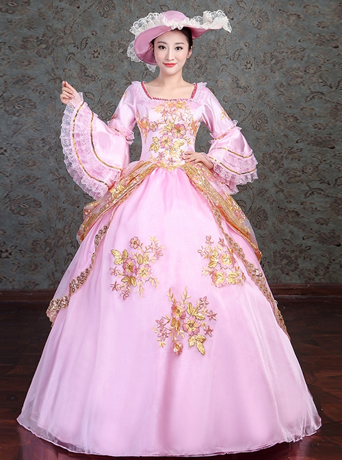 Golden Embroidery Pink Retro Palace Style Lolita Prom Dress