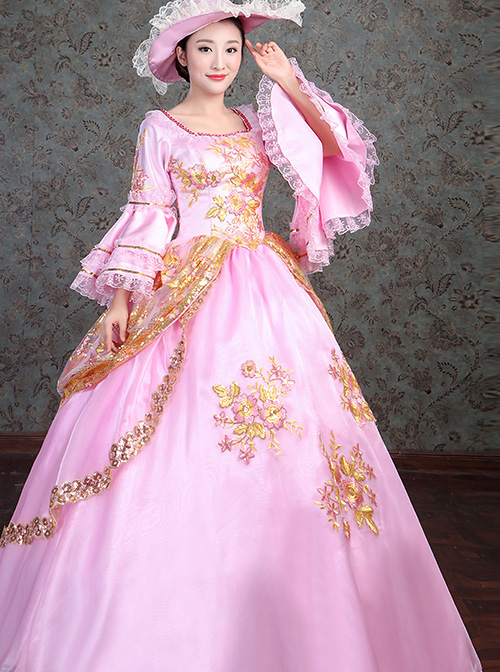 Golden Embroidery Pink Retro Palace Style Lolita Prom Dress