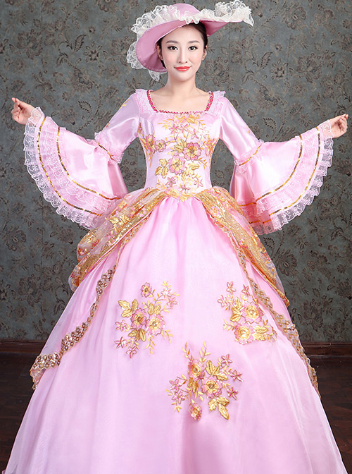 Golden Embroidery Pink Retro Palace Style Lolita Prom Dress