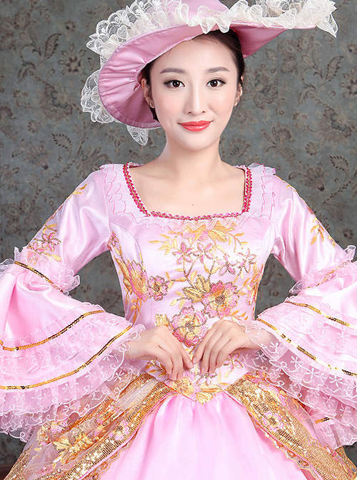 Golden Embroidery Pink Retro Palace Style Lolita Prom Dress