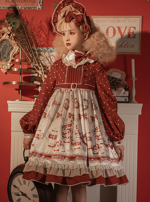 Sweet Tea Series OP Elegant Small High Waist Reflective Satin Sweet Lolita Long Sleeve Dress