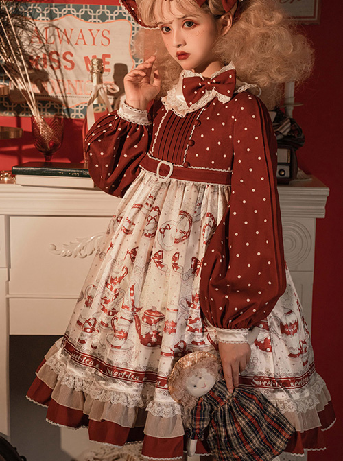 Sweet Tea Series OP Elegant Small High Waist Reflective Satin Sweet Lolita Long Sleeve Dress