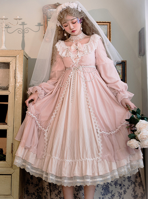 Diana Series Pink OP Elegant Palace Style Classic Lolita Long Sleeve Long Dress