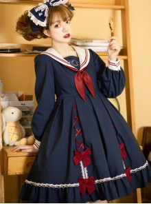 Star Falling Series OP Navy Blue Sweet Lolita Navy Collar Long Sleeve Dress