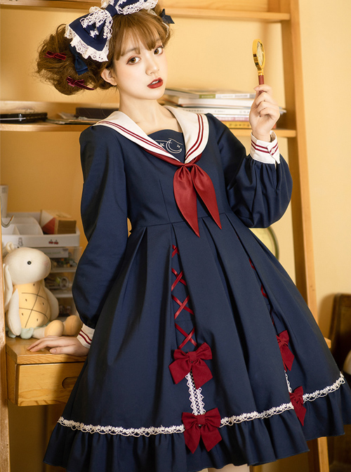 Star Falling Series OP Navy Blue Sweet Lolita Navy Collar Long Sleeve Dress