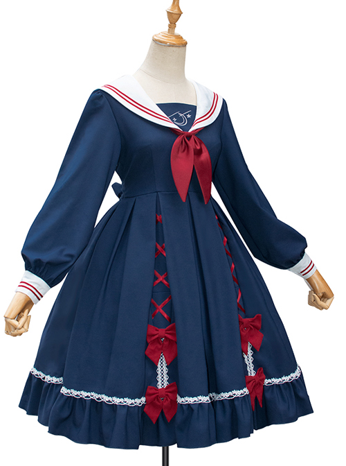 Star Falling Series OP Navy Blue Sweet Lolita Navy Collar Long Sleeve Dress