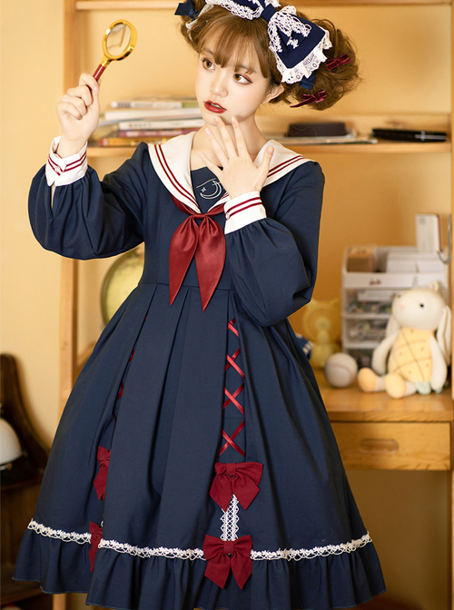 Star Falling Series OP Navy Blue Sweet Lolita Navy Collar Long Sleeve Dress