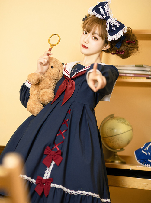 Star Falling Series OP Navy Blue Sweet Lolita Navy Collar Long Sleeve Dress