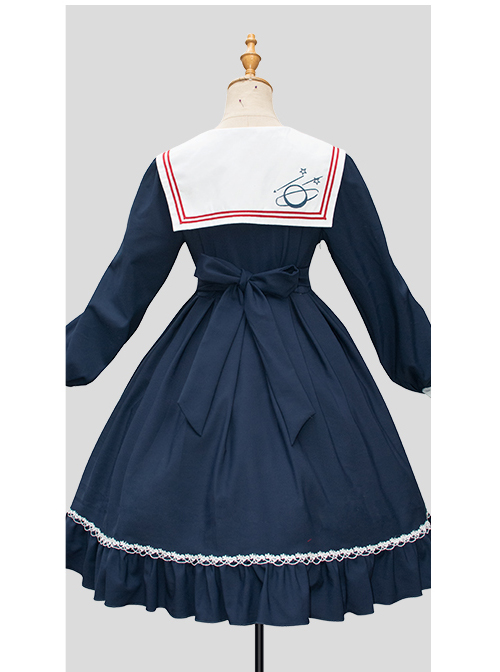 Star Falling Series OP Navy Blue Sweet Lolita Navy Collar Long Sleeve Dress