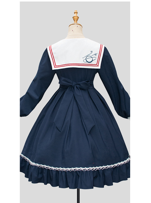 Star Falling Series OP Navy Blue Sweet Lolita Navy Collar Long Sleeve Dress