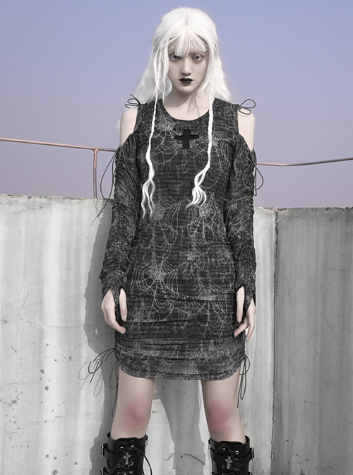 Gothic Cross Darkness Cobweb Printing Punk Drawstring Dress