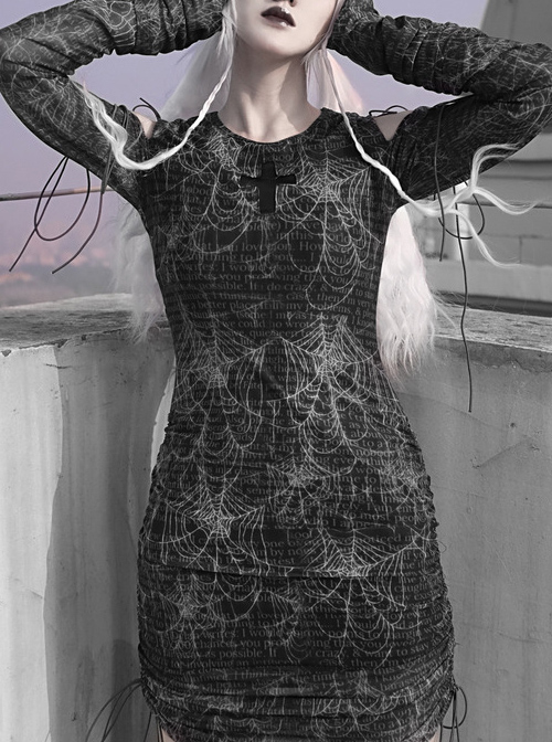 Gothic Cross Darkness Cobweb Printing Punk Drawstring Dress