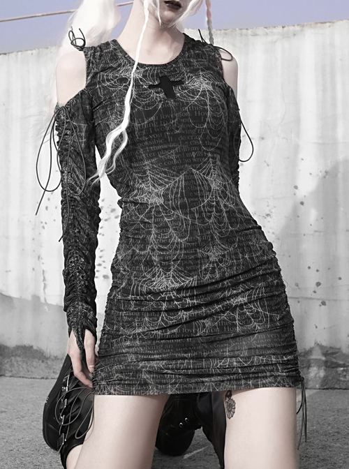 Gothic Cross Darkness Cobweb Printing Punk Drawstring Dress