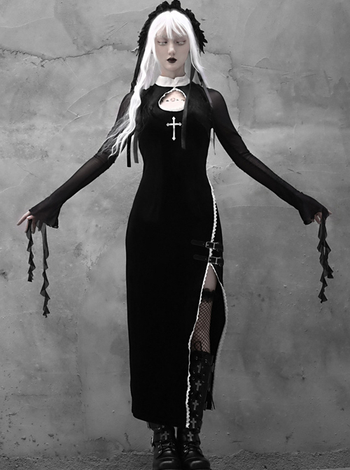 Gothic Embroidery Sexy Long Style Velvet Slim Dress