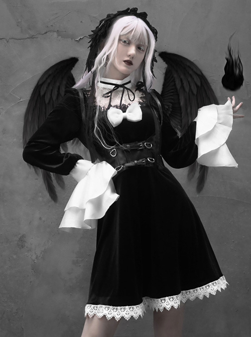 White Lace Black Velour Gothic Long Sleeve Lantern Sleeve Bowknot Dress