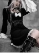 White Lace Black Velour Gothic Long Sleeve Lantern Sleeve Bowknot Dress