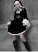 White Lace Black Velour Gothic Long Sleeve Lantern Sleeve Bowknot Dress