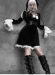 White Lace Black Velour Gothic Long Sleeve Lantern Sleeve Bowknot Dress