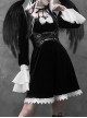 White Lace Black Velour Gothic Long Sleeve Lantern Sleeve Bowknot Dress