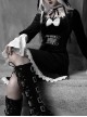 White Lace Black Velour Gothic Long Sleeve Lantern Sleeve Bowknot Dress