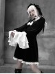 White Lace Black Velour Gothic Long Sleeve Lantern Sleeve Bowknot Dress