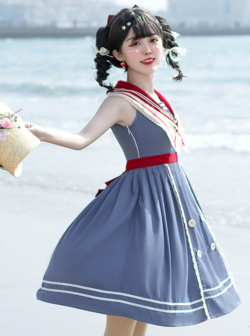 Blue Poetry Series Sailor Collar School Lolita Blue Sleeveless Dress