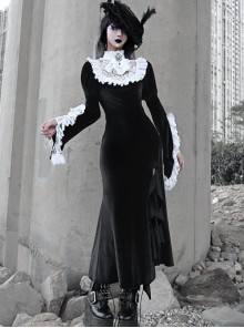 White Lace Black Velour Medieval Gothic Long Style Fishtail Dress